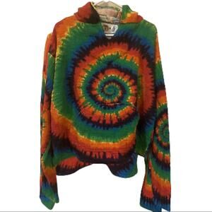 EARTH RAGZ Baja Rainbow Tie Dye Swirl Mexican Rug Pullover Poncho Hoodie Small